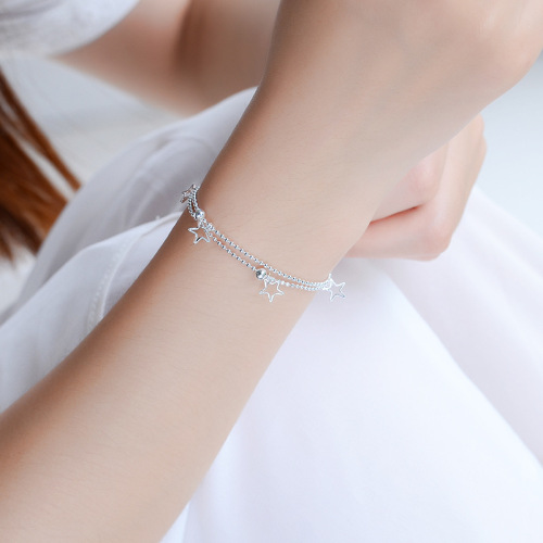 Hot Selling Silver Anklet Korean Style Fashion Hypoallergenic Women's Double Layer Star Bracelet Silver Foreign Trade Color Preserving Jewelry Wholesale