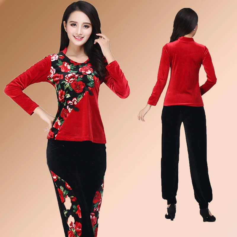 Квадратный танцевальный костюм Корейский бархат с длинными рукавами осенне-зимняя новая одежда приталенный тренировочный брючный костюм с юбкой для выступлений костюм