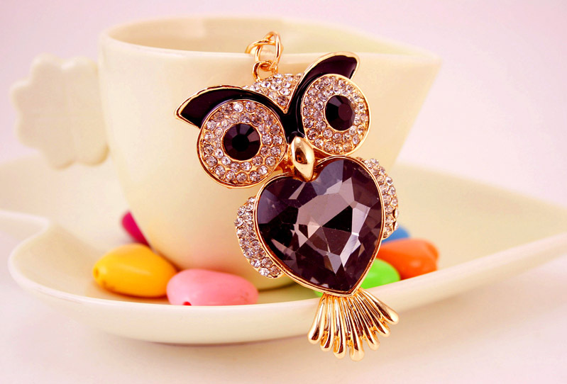 51g Weight Alloy, Metal Material Cartoon Pattern Unisex Gender Coffee, Black Color Korean Creative Cute Diamond Owl Car Keychain 4