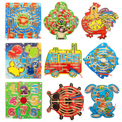 Wooden Magnetic Pen Maze, Round Apple Tree Rooster Butterfly, Multiple Maze Styles 01, Early Education Toy 0.72