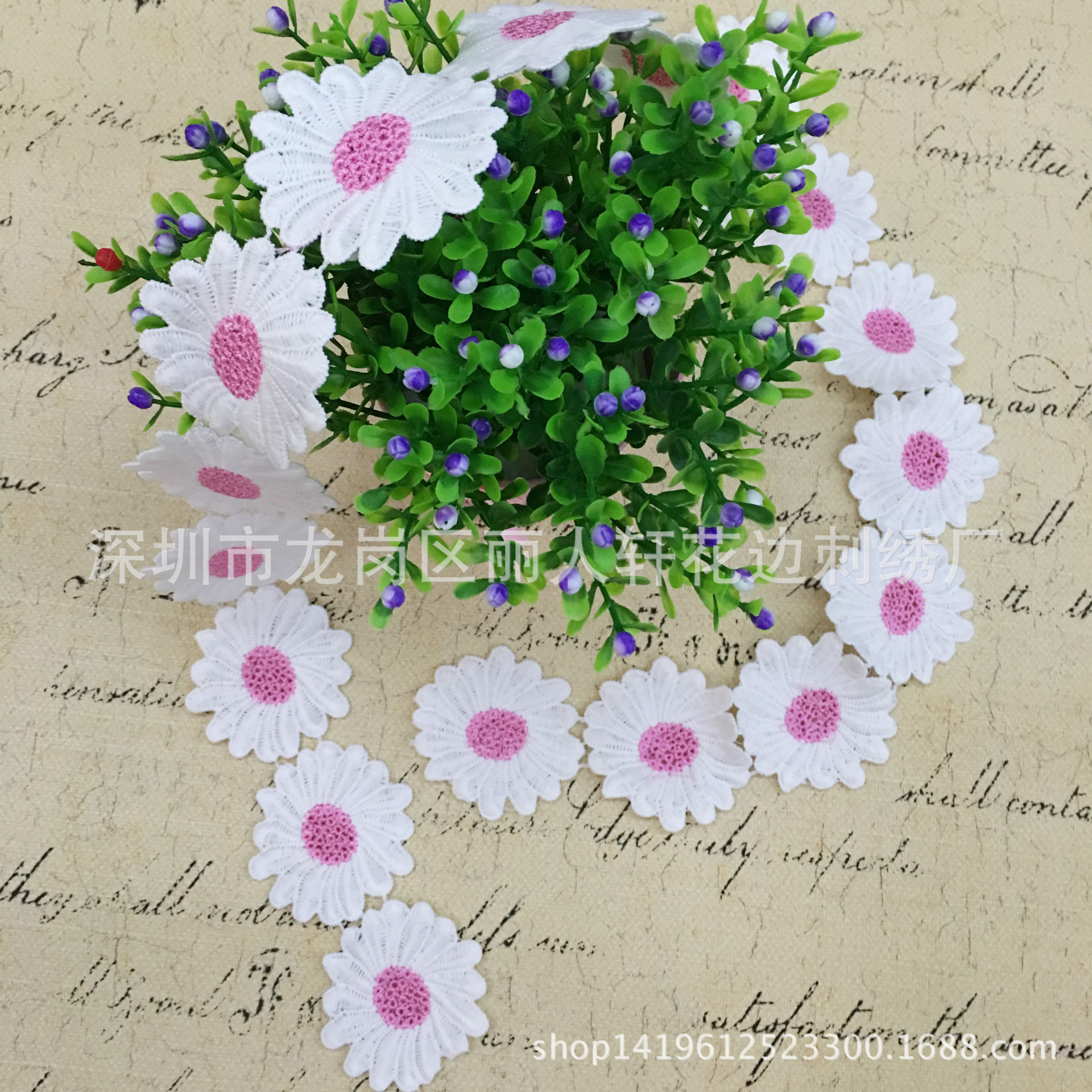 爆款水溶牛奶丝双色条码小雏菊粉色蕾丝花边布贴 5.5cm双色花边