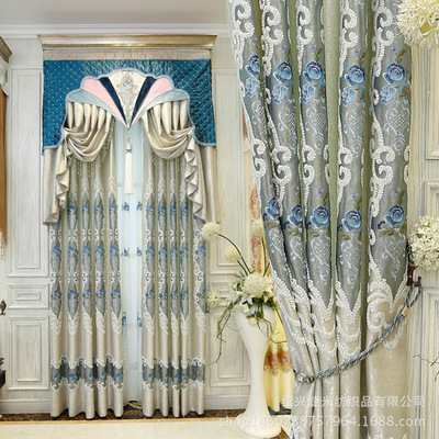 美丝梦莎柯桥批发韩式遮光提花绳绣绣花窗帘客厅新款窗帘成品蓝色