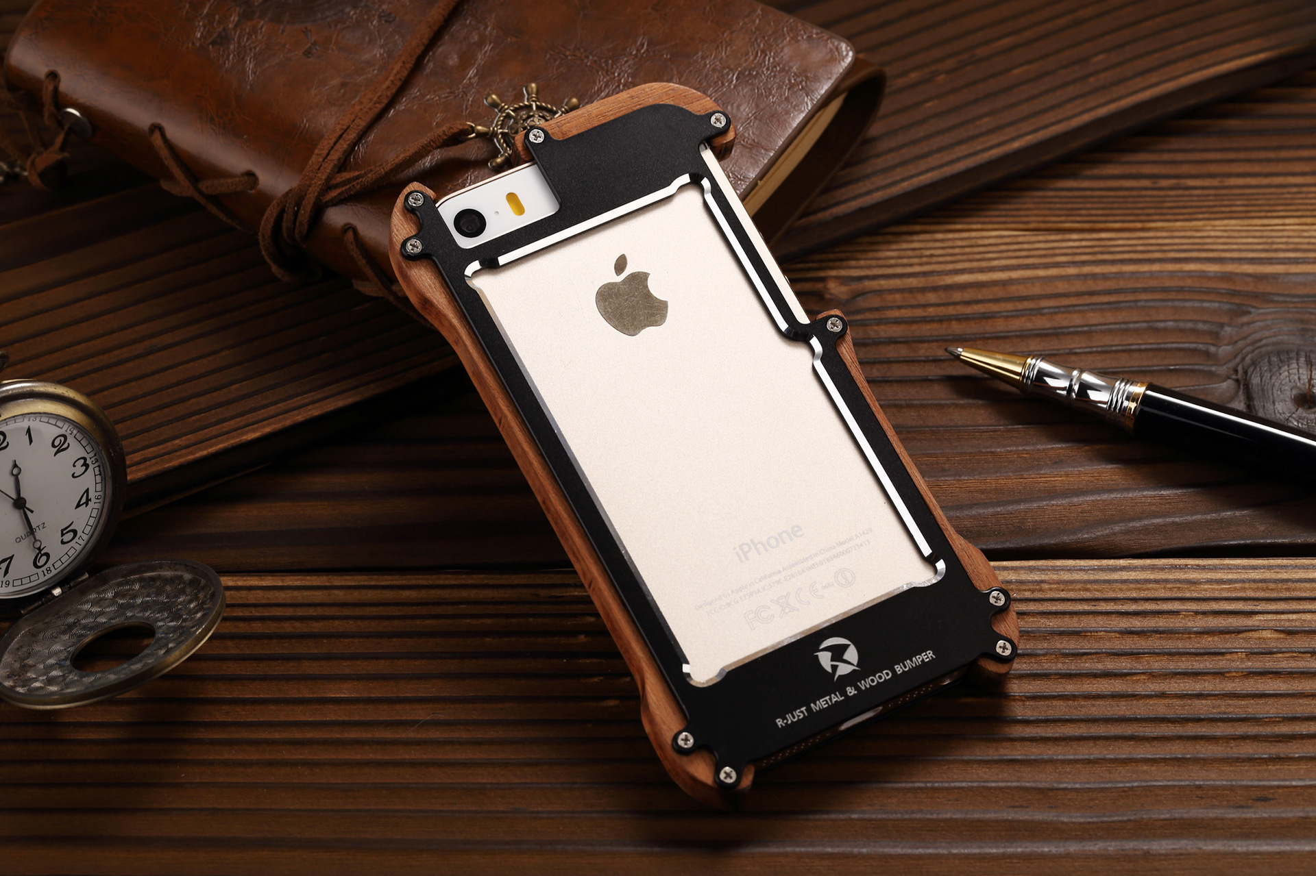 R-Just Light Slim Timber Aluminum Metal Wood Bumper Case Cover for Apple iPhone 5S/5/SE