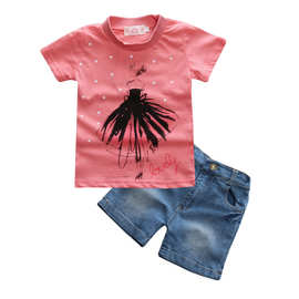 童装批发夏季新款短袖儿童套装女童印花粉色上衣+牛仔短裤两件套