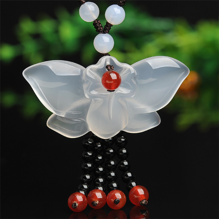 丽鑫玉器 天然白玉髓蝴蝶吊坠 晶莹剔透 冰种玉髓蝴蝶项链毛衣链