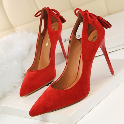 3168-9 han edition show thin thin and sexy high-heeled shallow mouth after pointed suede hollow-out bowknot tassel women