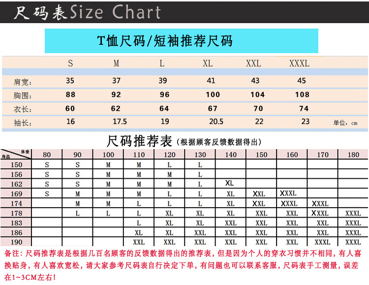 棉混纺男装尺寸表