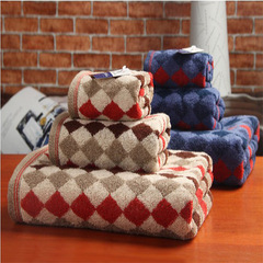 Gold size three-piece pure cotton bath towel set, one square towel and bath towel, elegant British plaid, water-absorbent and comfortable