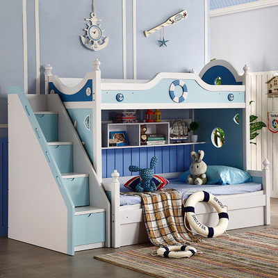 地中海儿童双层床上下床实木家具套房蓝色海盗船男孩女孩木床批发