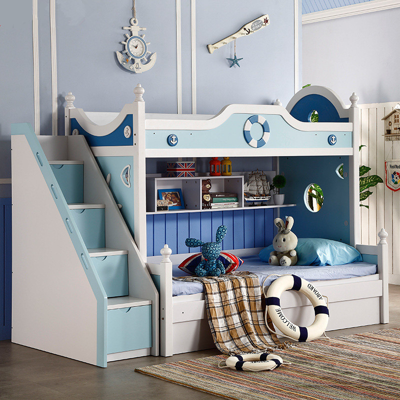 地中海儿童双层床上下床实木家具套房蓝色海盗船男孩女孩木床批发