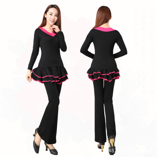 Square dance clothing autumn and winter new modal V-neck long short-sleeved middle-aged and elderly tops plus velvet T-shirts for women's fitness