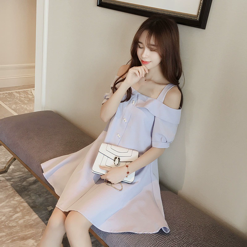 2019 летнее Новое милое платье миди в Корейском стиле с открытыми плечами и узкой талией, темпераментом, с открытыми плечами и вырезом