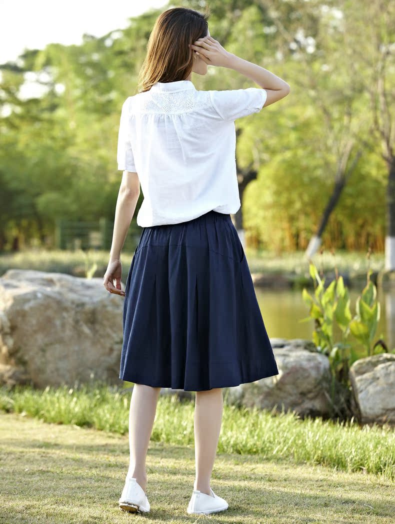 雨轩 亚麻百褶中短半身裙 文艺范环保不褪色棉