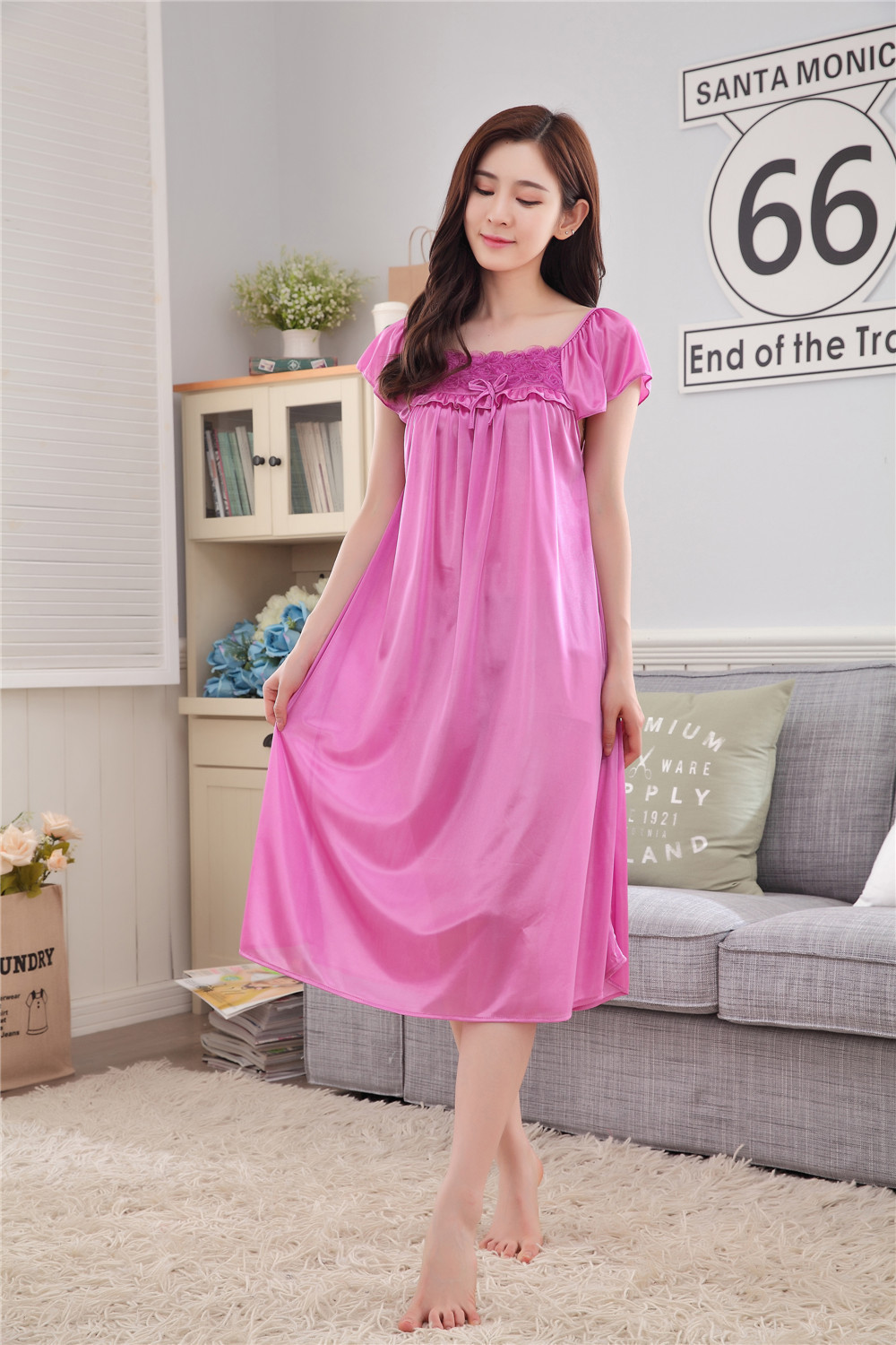 Women Sleepwear Pajamas Long Skirt Silk Comfortable Wear 4 Colour