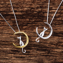 s925纯银项链批发 甜美月亮小猫咪项链 女百搭 韩版时尚银饰品