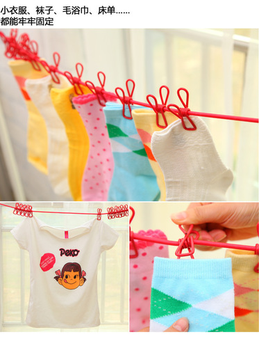 Creative outdoor clothesline with clips clothesline travel portable retractable windproof elastic rope with 12 clips