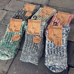 日系秋冬新品 抽條粗針粗線棉質中筒女襪 雙針自由進線復古休閒襪