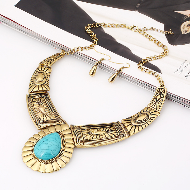 Retro Ethnic Style Water Droplets Rhombus Turquoise Alloy Wholesale Earrings Necklace display picture 3