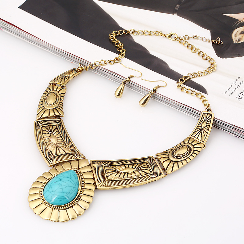 Banquet Occasion Alloy Material Retro Ethnic Style Water Droplets Rhombus Turquoise Alloy Wholesale Earrings Necklace