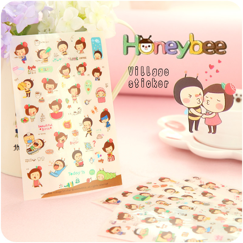 韩国卡通蜜蜂女孩贴纸 防水PVC透明日记装饰贴画DIY相册影集手机