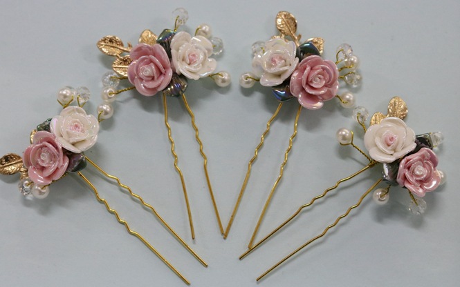 Korean Bridal headdress Wedding celebration manual Hairpin golden ceramics Bridal headdress Bride jewelry direct deal