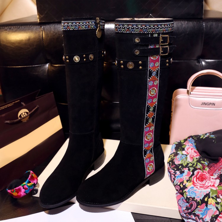 2016秋冬季新款民族風刺繡花邊皮帶扣騎士靴高筒靴子真皮女靴
