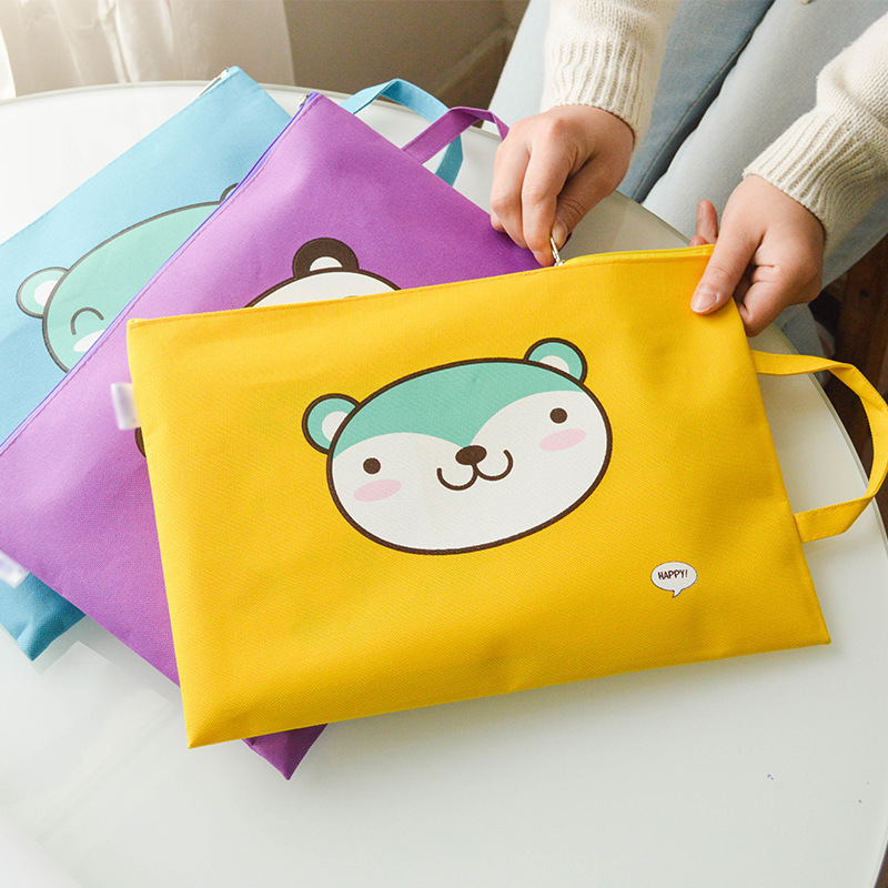 Korean cartoon zipper large capacity A4 file bag student handbag female Oxford canvas information bag