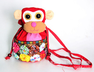 Ethnic Style Cotton Coin Purse, Ethnic Characteristic Monkey Crossbody Bag, Cartoon Bag, Handmade Fabric Bag
