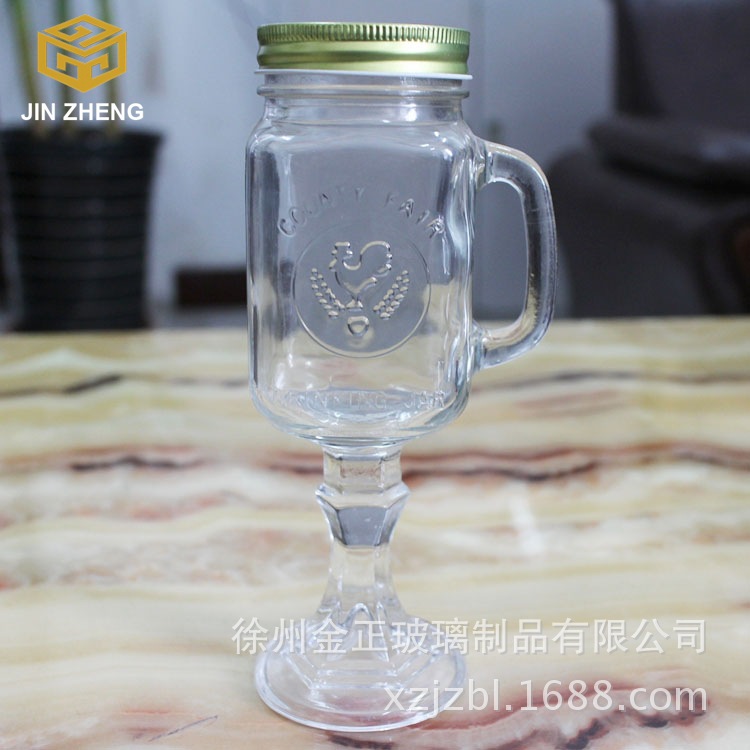 鲜芋仙复古杯 现货墨西哥公鸡杯带把四方杯子450ml透明玻璃杯