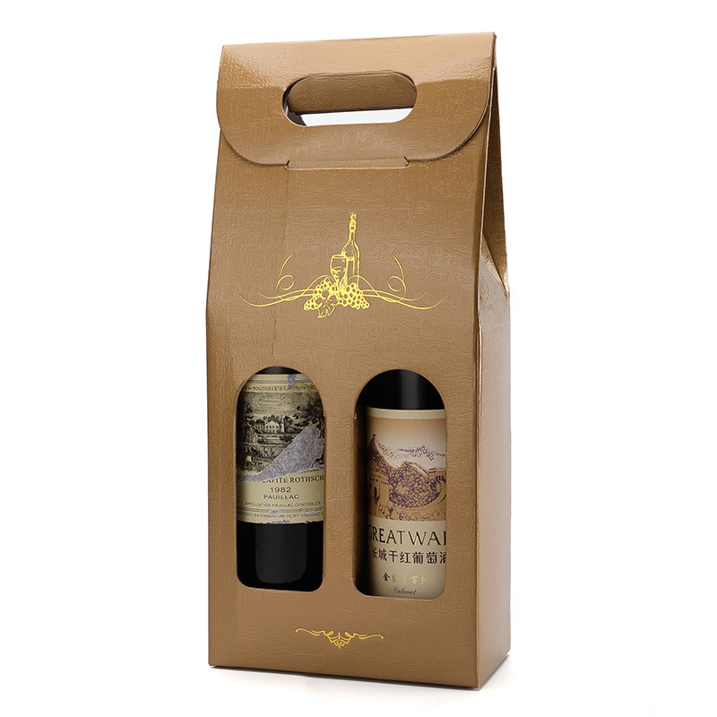 升级版金色双支红酒手提袋  葡萄酒红酒礼品袋 开窗可视红酒袋子