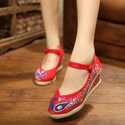 秋冬正品老北京布鞋女鞋民族风绣花鞋坡跟女鞋高跟新娘结婚鞋红色|ms