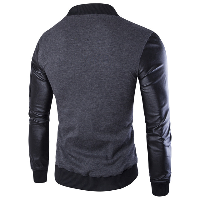 Spring British Style Men’s stand up collar jacket leather sleeve splicing short cardigan men’s wear