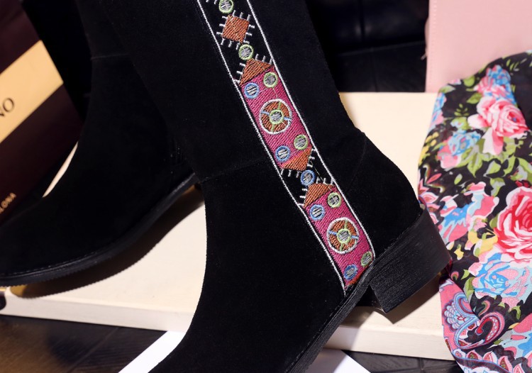 2016秋冬季新款民族風刺繡花邊皮帶扣騎士靴高筒靴子真皮女靴