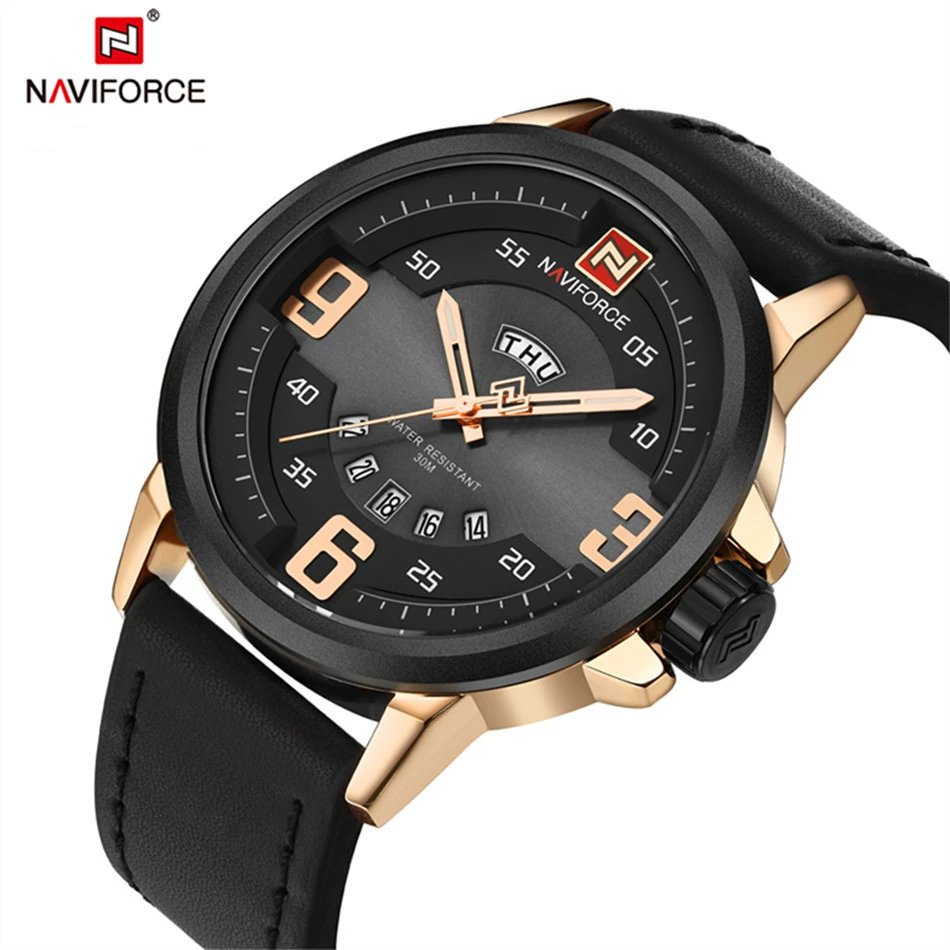 Мужские кварцевые часы Naviforce Band Date с кожаным ремешком