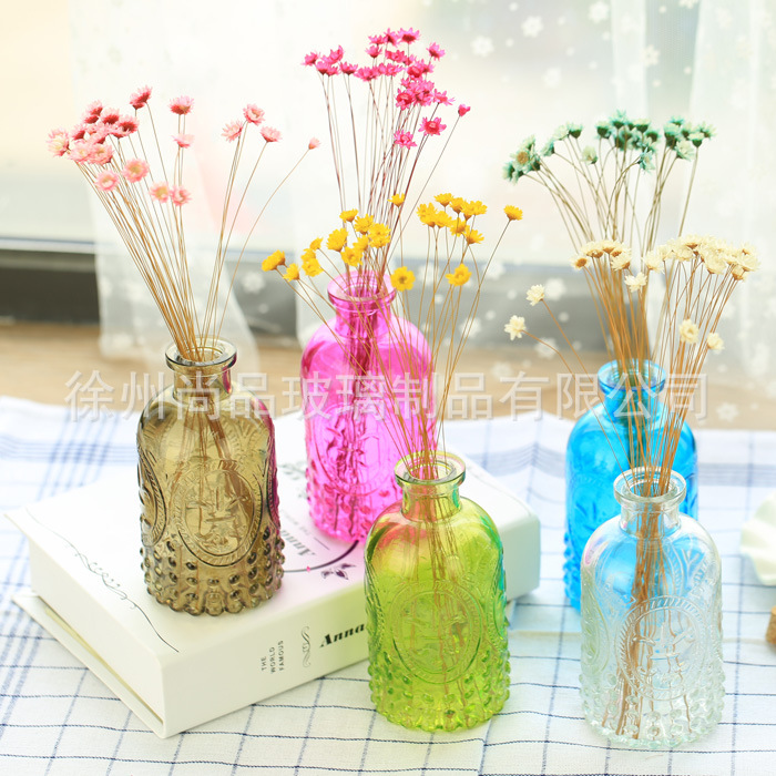 彩色浮雕玻璃瓶日系杂货插花瓶 水培玻璃花器家居橱窗装饰