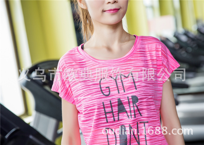 运动跑步健身瑜伽服罩衫竹节棉健身服修身款印花烂花短袖透气罩衫