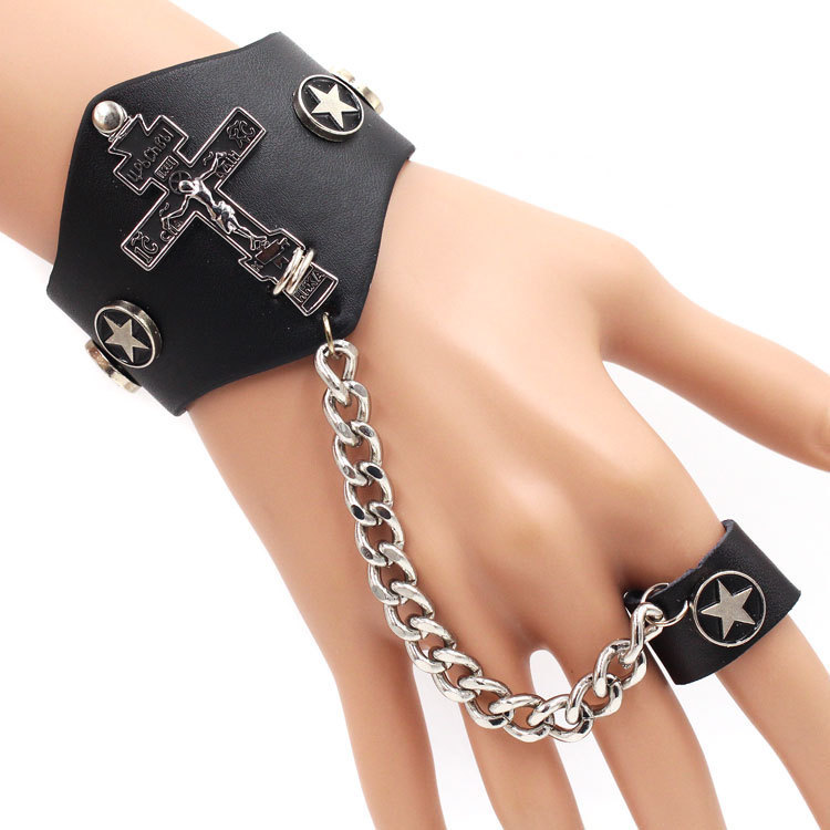 PE80 Factory Wholesale Export European and American Punk Jewelry Leather Bracelet Five-star Cross Humanoid Link Bracelet