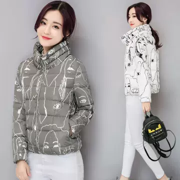 Fall / winter 2018 new cotton padded women's Korean fashion slim fit short long sleeve standing collar student graffiti down jacket - ShopShipShake