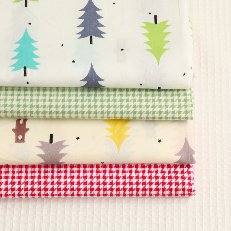 圣诞树格子纯棉印花布料 儿童被套抱枕全棉面料手工拼布面料批发