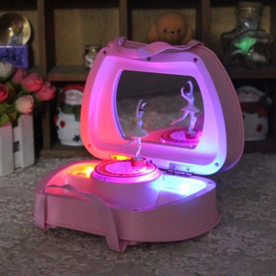 新款带闪灯卡通手提包包音乐盒 创意跳舞女孩旋转八音盒首饰盒