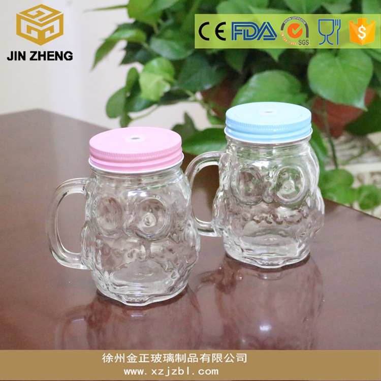 圣诞节礼物猫头鹰透明玻璃无铅带把梅森杯Mason jar饮料瓶