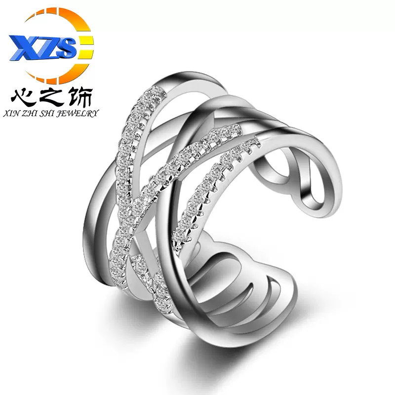 戒指女款日韩版双层潮人线条镶钻简约指环批发