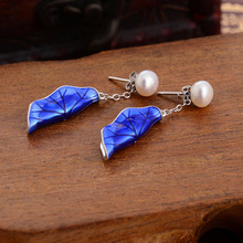 925银珍珠耳钉系列 景泰蓝耳钉配件 珐琅烧蓝荷叶银耳钉个性创意