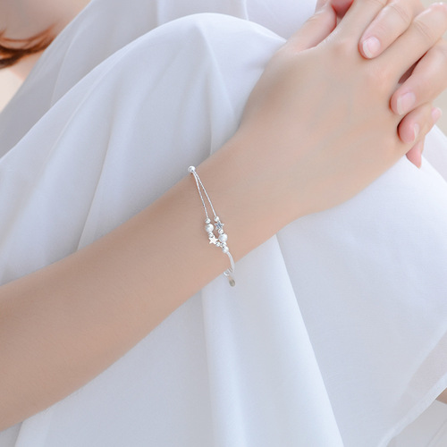 Bracelet with Beads, Women's Silver Bracelet, Japanese and Korean Style Small Star Accessories, Double Layer Polished Bead Small Gift, Gift for Feet Bracelet, Wholesale