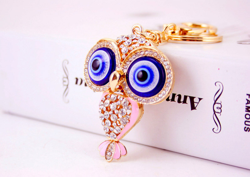 46g Weight Alloy, Metal Material Owl Pattern Unisex Gender Pink, Red, Blue, Black Color Korean  Creative Cute Cartoon Big-eyed Cute Owl Diamond Keychain 3
