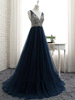 New deep blue long banquet dress double shoulder Korean bride wedding dresses