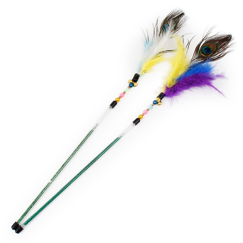 纯手工带珍珠孔雀毛逗猫棒4