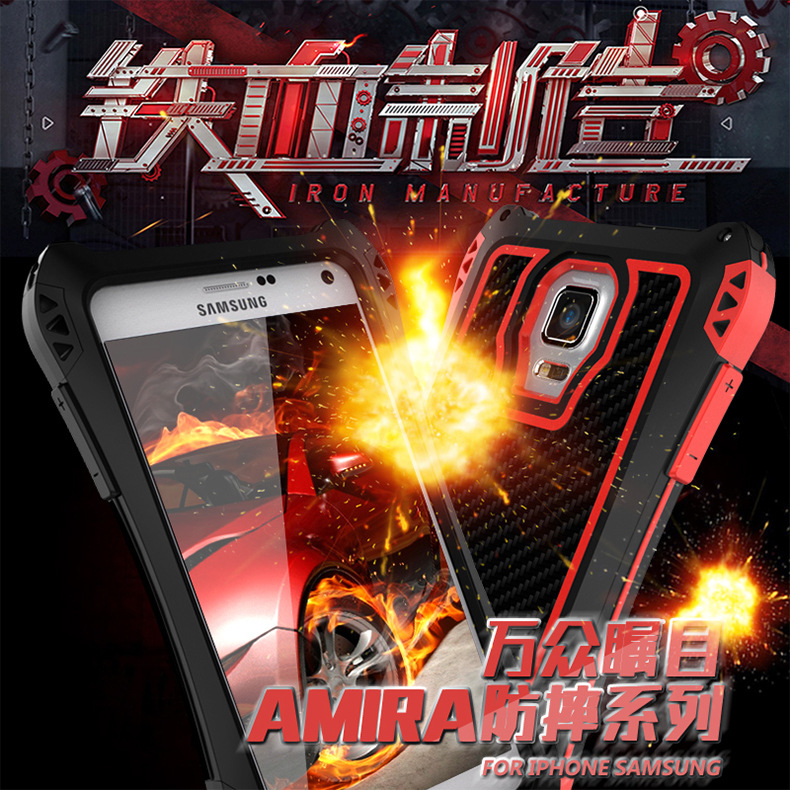 R-Just Amira Heavy Duty Dirtproof Shockproof Rainproof Aluminum Metal Bumper Carbon Fiber Back Cover Case for Samsung Galaxy Note 4 N9100