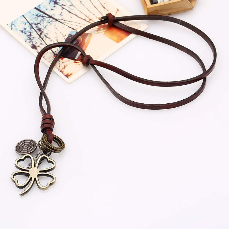 Vintage leather rope necklace womenu0027s long sweater chain alloy grass cowhide necklace