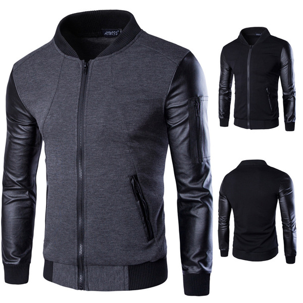 Spring British Style Men’s stand up collar jacket leather sleeve splicing short cardigan men’s wear